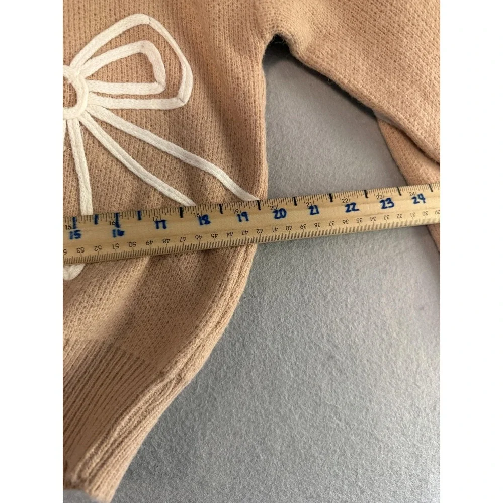 Luna Ivy Sweater Womens Small Beige Bow Crew Neck Long Sleeve Knit Pullover